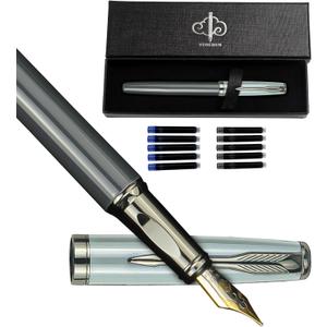 YUNCHUN Fountain Pens Set for Writing, Fancy Medium Nib Ink Pens of Morandi Color with 10 Black and 10 Blue Refills Cartridges, Best Pen Gift Set for Men Women, Office Professional Pen for Work, Gray