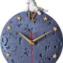 Space Theme Wall Clock, Astronaut Moon Wall Clock, 12 Inch Grey Modern Silent Clock for Kids Room Nursery Living Room Bedroom Kitchen Decor, for Children Boys and Girls Gift