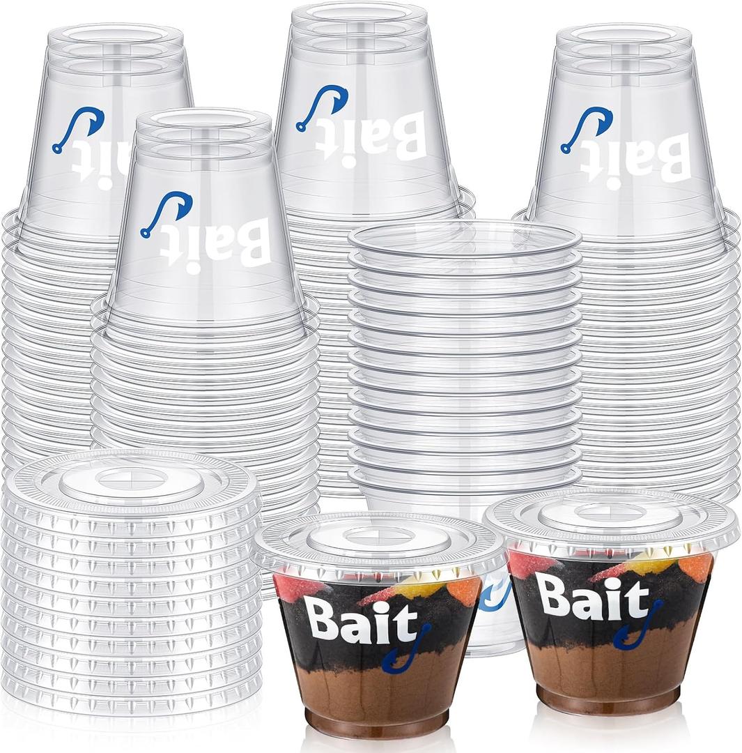 SiliFine 100 Pcs Fishing Party Favors 8/9 oz Bait Cups with Lids Disposable Bulk Plastic Bait Cups for Water Wine Coffee Cake Fishing Birthday Baby Shower Favors Decor (Clear,9 oz)