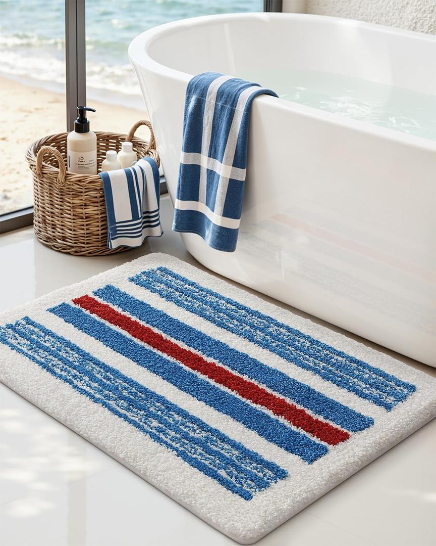 DEXI Striped Bath Mats for Bathroom 24x16, Washable Absorbent Bathroom Rugs with Non Slip Backing, Extra Soft Plush Microfiber Shower Rugs for Tub, Floor, Sink, Blue and Red