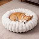 Donut Dog and Cat Bed, Luxurious Comfortable Faux Rabbit Fur Pet Beds, Soft Anti-Anxiety Calming Puppy Kitten Bed with Anti-Slip Bottom for Small Medium Dogs & Cats(23", White)