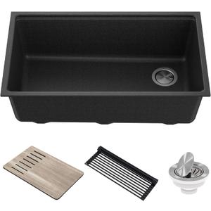 KRAUS Bellucci 32 in. Undermount Workstation Granite Kitchen Sink in Metallic Black with Accessories, KGUW2-33MBL