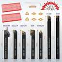 Indexable Lathe Turning Tool 21Pcs Kit 1/2'' 12mm Shank 7 Pcs Metal Lathe Tool Holder Set with 14 Pcs Turning Inserts for Turning Grooving Threading Boring Carbide Inserts Carbide Turning Tool