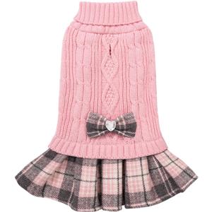 YUDODO Dog Sweater Dress for Small Dogs Girl with Bowtie Winter Warm Dog Turtleneck Sweater with Leash Hole Soft Puppy Knitwear Clothes Cute Doggie Dresses for Yorkie Chihuahua (Pink, Small)