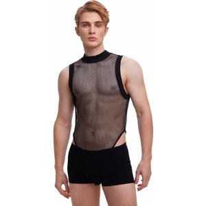 WDIRARA Men's Fishnet Mesh Mock Neck Tank Tops Sleeveless Tee Tops Bodysuit (S)
