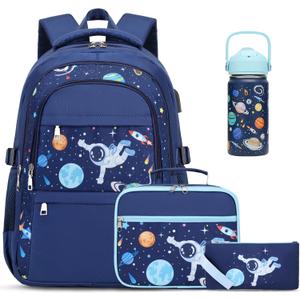 ACESAK Boys Backpack with Lunch Bag Pencil Case, Insulated Bottle, BPA-FREE Double Tumbler 18/8 Stainless Steel Leak Proof Cups with Metal Straw for School Boy, Space