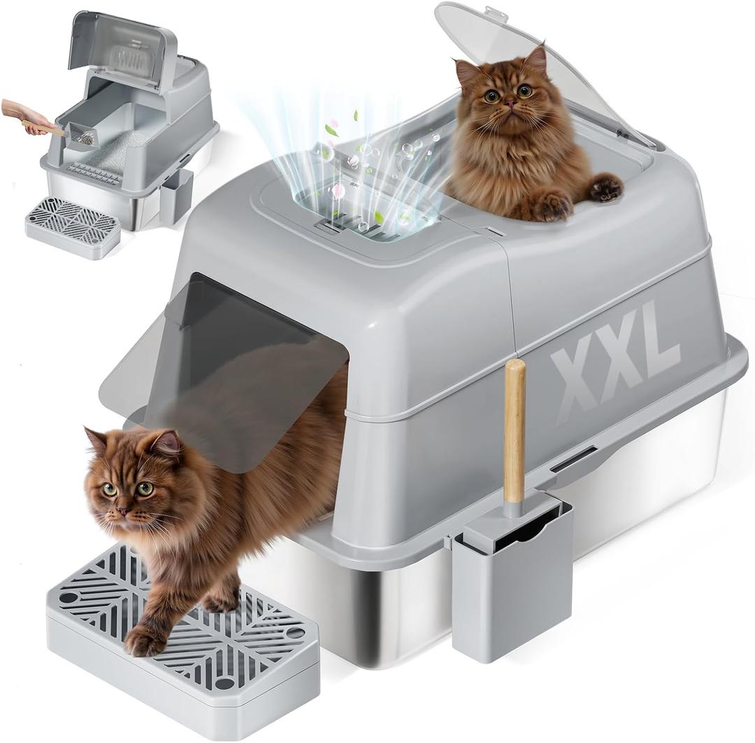Shikha Stainless Steel Cat Litter Box with 110 Flip-Top Lid -XXL Top Entry Enclosed Litter Box for Large Cats with Deodorization Box, Odor-Free, Non-Sticky, Anti-Leak, Removable Lid for Easy Cleaning