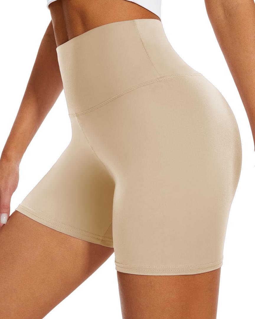 DHSO High Waisted Biker Shorts for Women-5" Spandex Tummy Control Athletic Workout Running Yoga Gym Shorts Pants Gifts(Light Khaki, S-M)