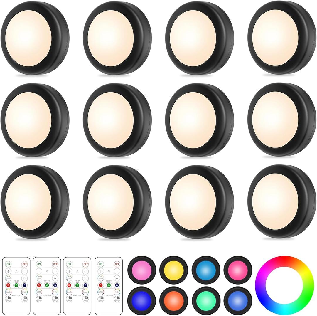 Yiliaw 12 Pack LED Puck Lights Remote Control 16 Color Changeable Under Cabinet Lights, Battery Operated Lights Night Light with Dimmer & Timmer for Closet Bedroom Kitchen, Black