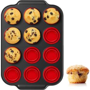 Silicone Muffin Pan with Metal Frame Nonstick 12 Cup Regular Size Cupcake Tin Bakeware Easy to Pop Egg Bite Molds Oven and Dishwasher Safe Pan Maker Tins Red Cups Non Toxic Baking Cup