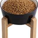 Black Elevated/Raised Dog Bowl Ceramic with Wood Stand for Medium Large Breed,Dog Food Water Dish Heavy Wighted,8 in Non Slip Modern Cute Porcelain Pet Bowl Extra Large Wide Mouth