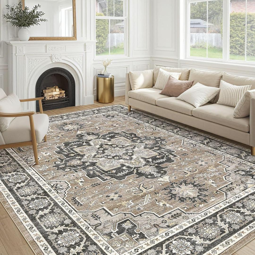 Vintage Living Room Area Rug 10x14 - Large Soft Washable Oriental Traditional Distressed Farmhouse Rugs for Bedroom - Indoor Floor Accent Carpet for Home Office House Decor - Black Brown