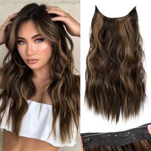KooKaStyle Invisible Wire Hair Extensions with Transparent Wire Headband Adjustable Size 4 Secure Clips Balayage Dark Brown with Chestnut Long Wavy Hairpiece 16 Inch for Women