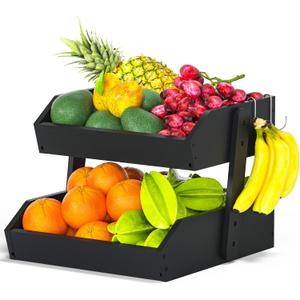 Gmtsl Bamboo Fruit Basket for Kitchen 2 Tier Fruit Bowl For Kitchen Counter, Large Fruit Holder With 2 Banana Hangers, Idea For Fruit and Vegetable Storage, Bread Basket, Snack Organizer(BLACK)