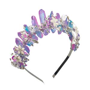 Bubbmi Raw Crystal Headband with Pearl Flowers, Quartz Rhinestone Bridal Tiara Crown Headpiece for Women Girls (Gradation Purple)