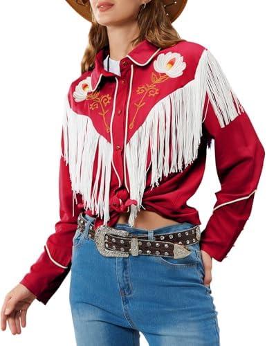 JOHN MOON Women's Floral Embroidered Fringe Western Shirts Rodeo Cowgirl Button Down Blouse Tops Country Style Outfits Size XXL