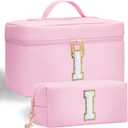 initial makeup bag, 2pcs initial makeup cosmetic toiletry bags for women girls, Leather custom monogram personalized cosmetic bag, Birthday Gifts for 4 5 6 7 8 9 10 11 12 Year Old (I)