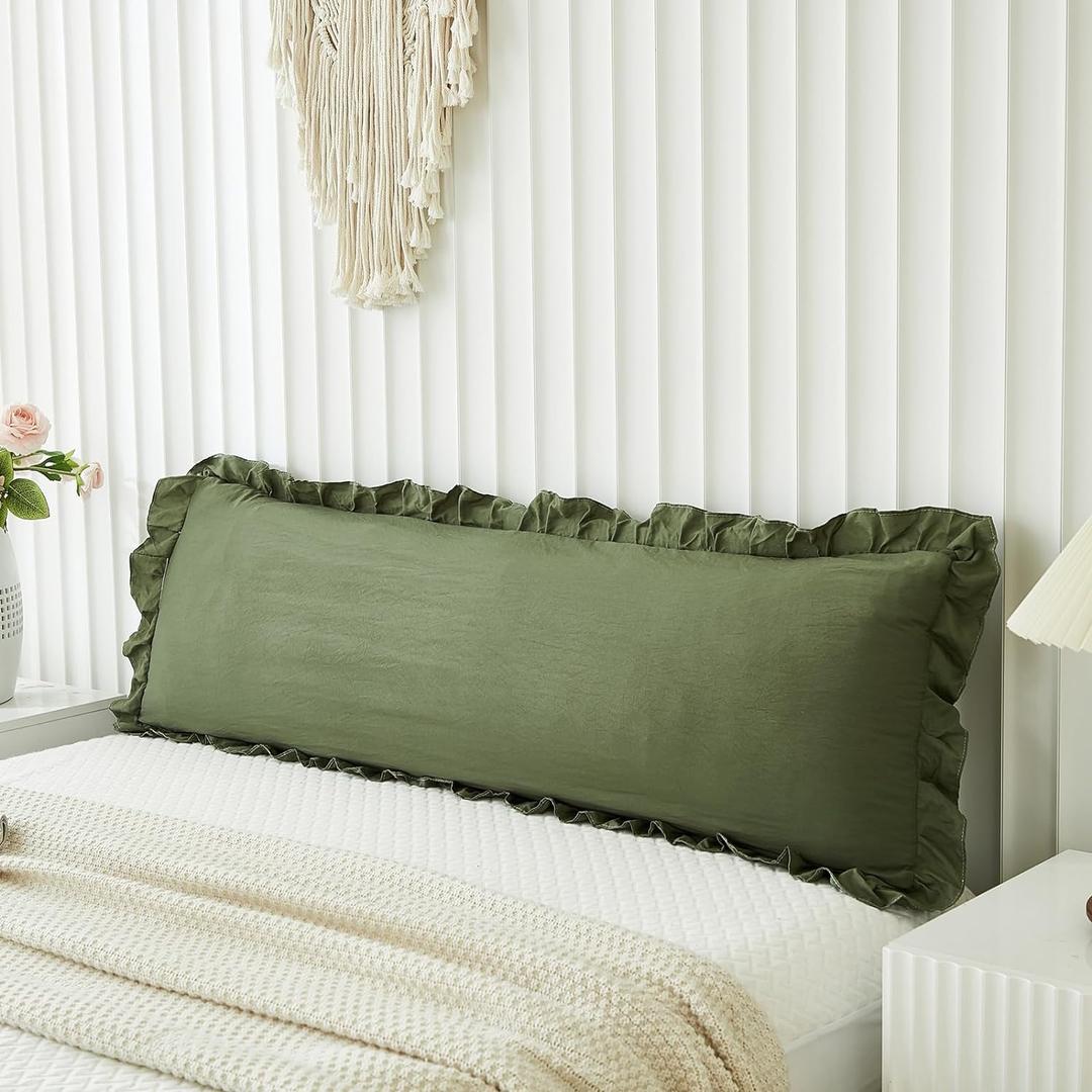 Shabby Chic Olive Green Body Pillow Cover - 20x54in Long Pillowcase with Ruffled Fringe Decor