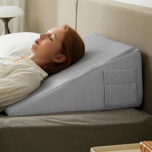 Wedge Pillow for Sleeping, 10 inch Elevated Support Bed Wedge Pillow, Breathable Triangle Pillow Wedge with Cooling Memory Foam Top - Removable Washable Cover, Light Grey