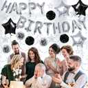 3 x Black and Silver Birthday Decorations for Men Women, Silver Happy Birthday Balloon Banner with Star Balloons, Paper Flowers, Hanging Swirls for Party Decorations
