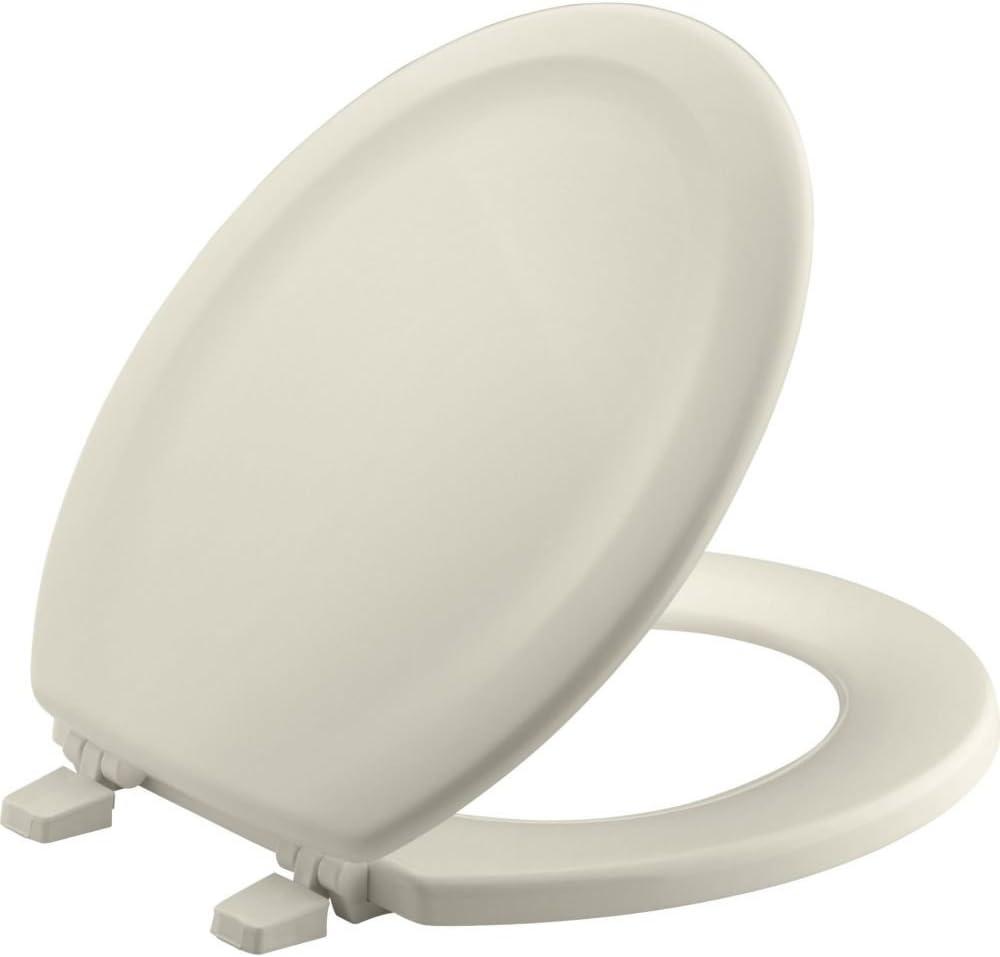 KOHLER 4648-47 Stonewood Round Toilet Seat, Wood Seat for Standard Round Toilets, Lid with Color-Matched Plastic Hinges, Almond
