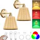Frideko Rattan Rechargeable Wall Sconces Set of Two with Remote, RGB 15 Colors Dimmable Battery Operated Wall Lights, Indoor Wireless Wall Lamp with 3 Timer, Farmhouse Boho Sconce Light for Bedroom