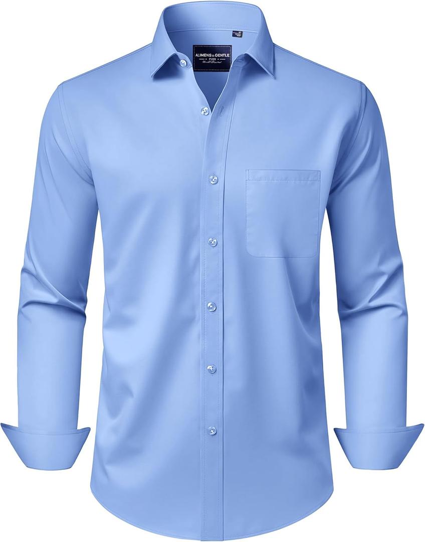 Alimens & Gentle Men's Dress Shirts Long Sleeve Wrinkle-Free Stretch Shirts Solid Formal Button Down Shirt with Pocket (XX-Large, Blue)