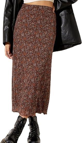 Midi Skirts for Women Elastic High Waisted A Line Flowy Floral Skirt, Size L