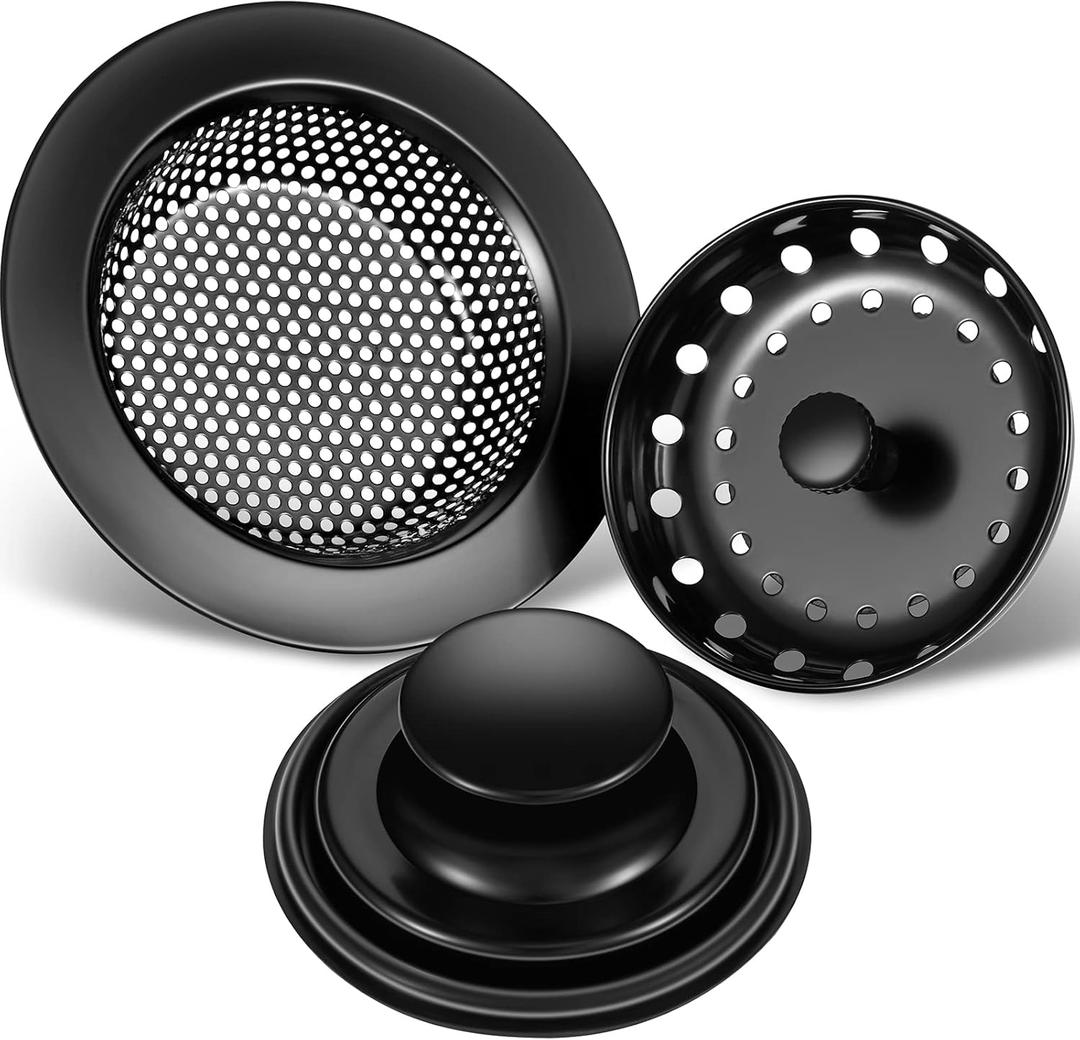 Mudder 3 Pcs Kitchen Sink Drain Strainer and Stopper Stainless Steel Garbage Disposal Plug with Handle Universal Anti-Clogging Kitchen Sink Filter Sieve Basket Strainer(Black)