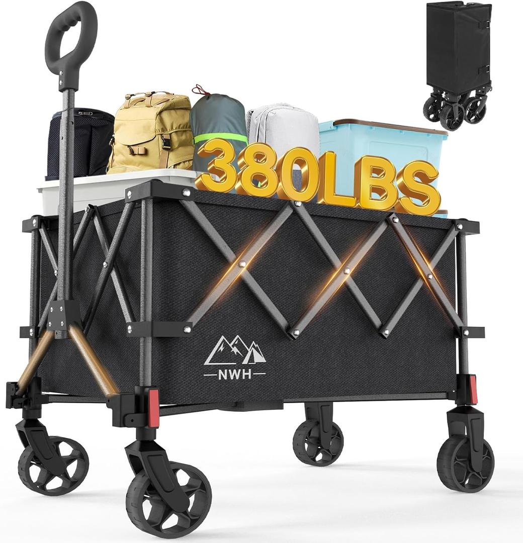 NWH Collapsible Wagon, 380lbs Heavy Duty Folding Wagons Carts with Wheels Foldable, Utility Cart with All-Terrain Wheels for Beach Outdoor Grocery Camping Garden (180L)