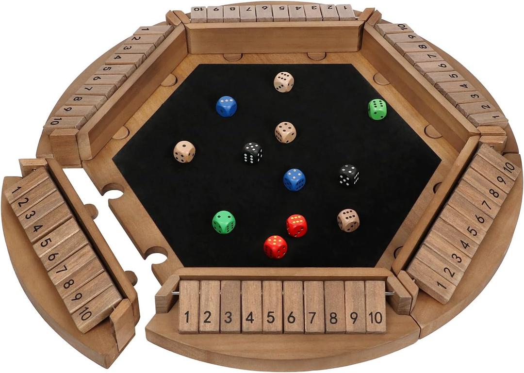 Shut The Box Game for 1-6 Players, Plusvivo Large Round Wooden Board Dice Game with 14 Dice for Adults, 6 Way Clever Math Game for Home Classroom or Pub