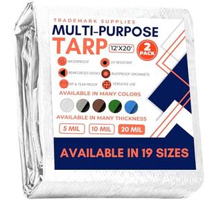 Large Waterproof Tarp - Heavy Duty 20 Mil Thick Poly Tarpaulin Ideal for Canopy Tents, Boats, RV or Pool Covers - Multipurpose Protective Tarps with Grommets for Indoor, Outdoor Use | 10' x 20' 2 Pack