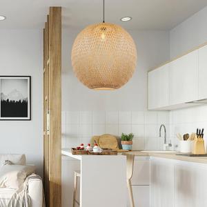 Arturesthome Bamboo Pendant Lighting Fixtures, Round Wicker Chandelier Hand-Woven Boho Basket Lampshade Hanging Ceiling Light for Kitchen Island Living Room, W 21.6in * H 19.3in