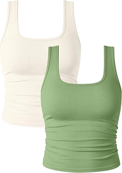 OQQ Womens 2 Piece Shirts Ruched Sleeveless Square Neck Seamless Stretch Fit Basic Tee Tops, Size XL