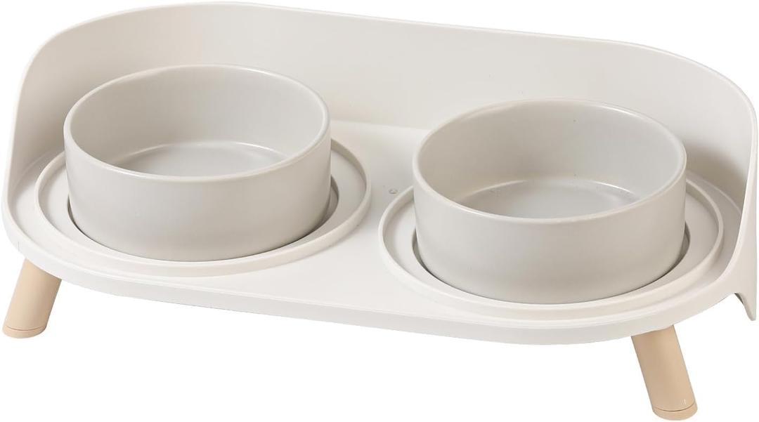 Elevated Ceramic Cat Bowl Set - Raised Double Dishes for Food & Water - Non-Slip Stand & Splash Proof - for Cats & Puppies - 2 x 480 ML - 16.23 OZ (Puppy/Small Dogs & Cat Bowls, Grey)