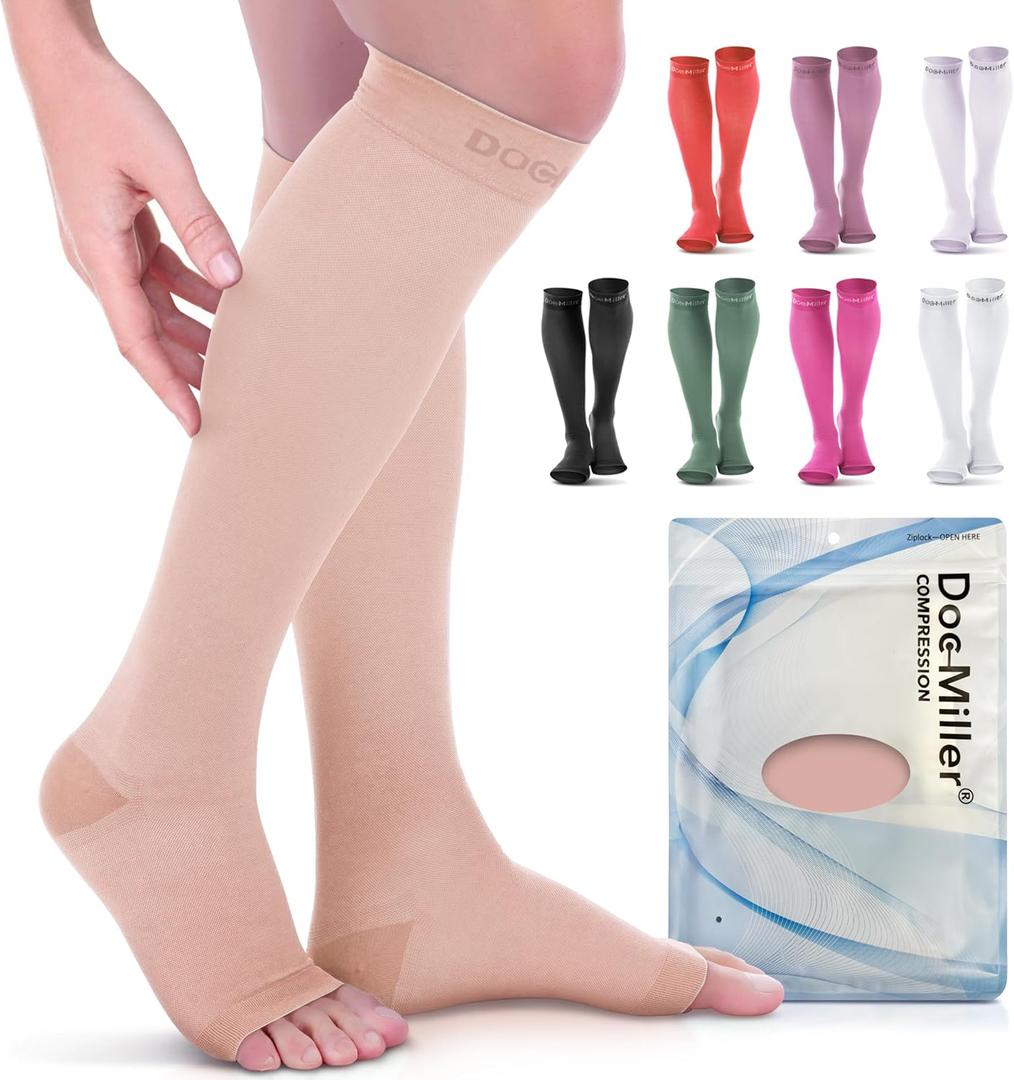 Doc Miller Open Toe Compression Socks, 20-30 mmHg, Toeless Compression Sleeves for Legs, Knee High Stockings for Shin Splints, Varicose Veins, Travel, Calf Support & Muscle Recovery, Men & Women, Pair (X-Large, Pink)