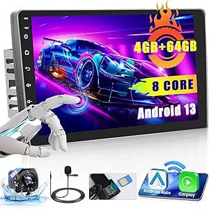 Hikity 4+64GB Android Car Stereo Double Din 10.1 Inch Touch Screen, Carplay Android Auto Radio with GPS Navigation/Mirror Link/Bluetooth/DSP+AHD Backup Camera