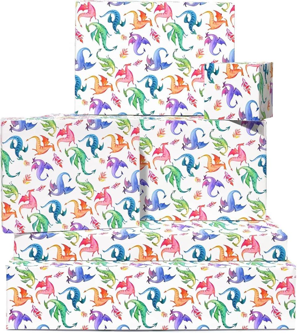DazzleDaisy 6-Sheet Dragon Gift Wrap Set – Colorful Birthday Wrapping Paper, Matching Tags & Stickers for Boys & Girls, Eco-Friendly Kraft Paper Sheets