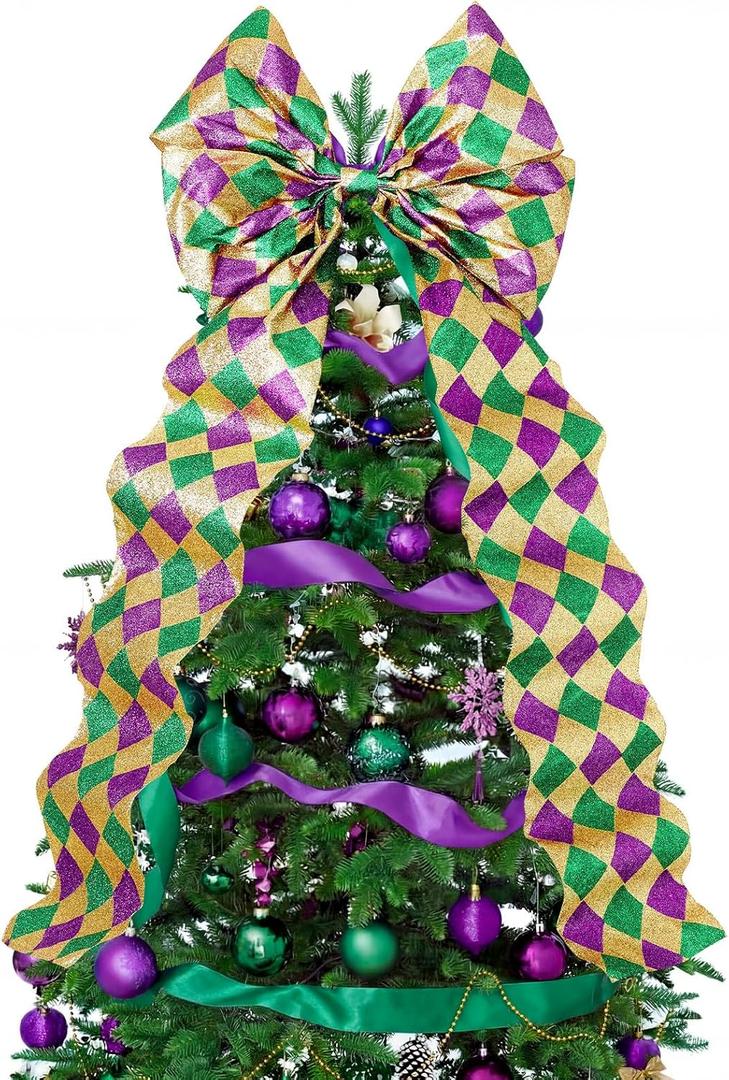 47 Inch Mardi Gras Wreath Bow Large Mardi Gras Bow Decor Gold Purple Green Glitter Ribbon Tree Topper New Orleans Ornament for Carnival Party Wreath Indoor Outdoor Home