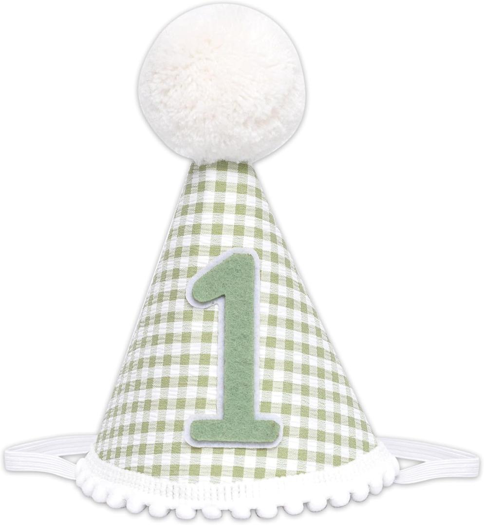 1st Birthday Hat for Baby Boy Girl-Green Gingham First Birthday Cap with Number 1 & Pom Poms, Cute Photo Prop for Baby's 1 Year Old Milestone Party
