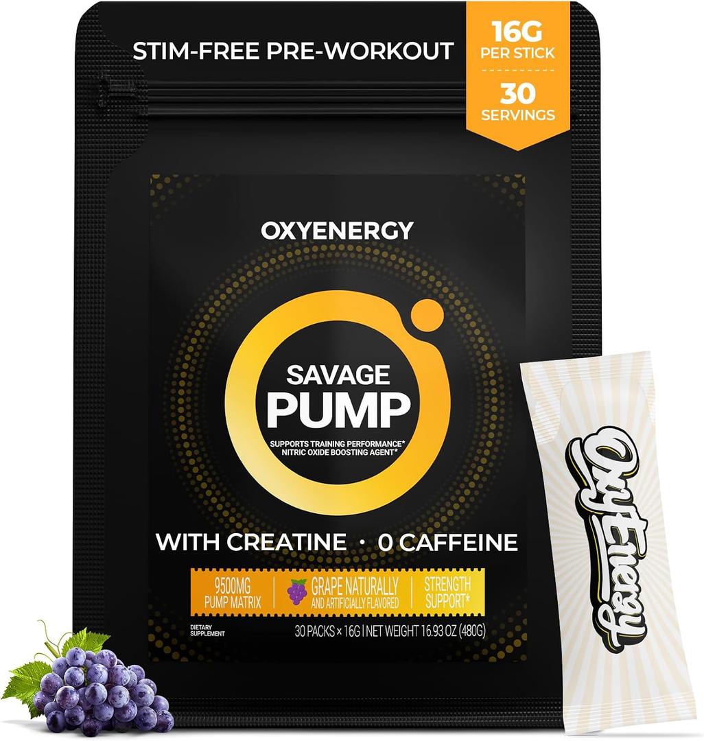 OxyEnergy Max Pump Stim-Free Pre Workout Powder for Men & Women, Nitric Oxide Booster, Grape Flavor, 30 Stick Packs Blood Flow & Energy with L-Citrulline, Beta Alanine, Creatine, BBD: 02/2027