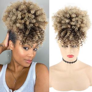 LEOSA Wig Afro Puff Drawstring Ponytail Bun with Bangs Heat Resistant Synthetic Short Kinky Curly Ponytail Updo Hair Extensions with Two Clips Natural looking Curly Women Hairpieces (#4/613)
