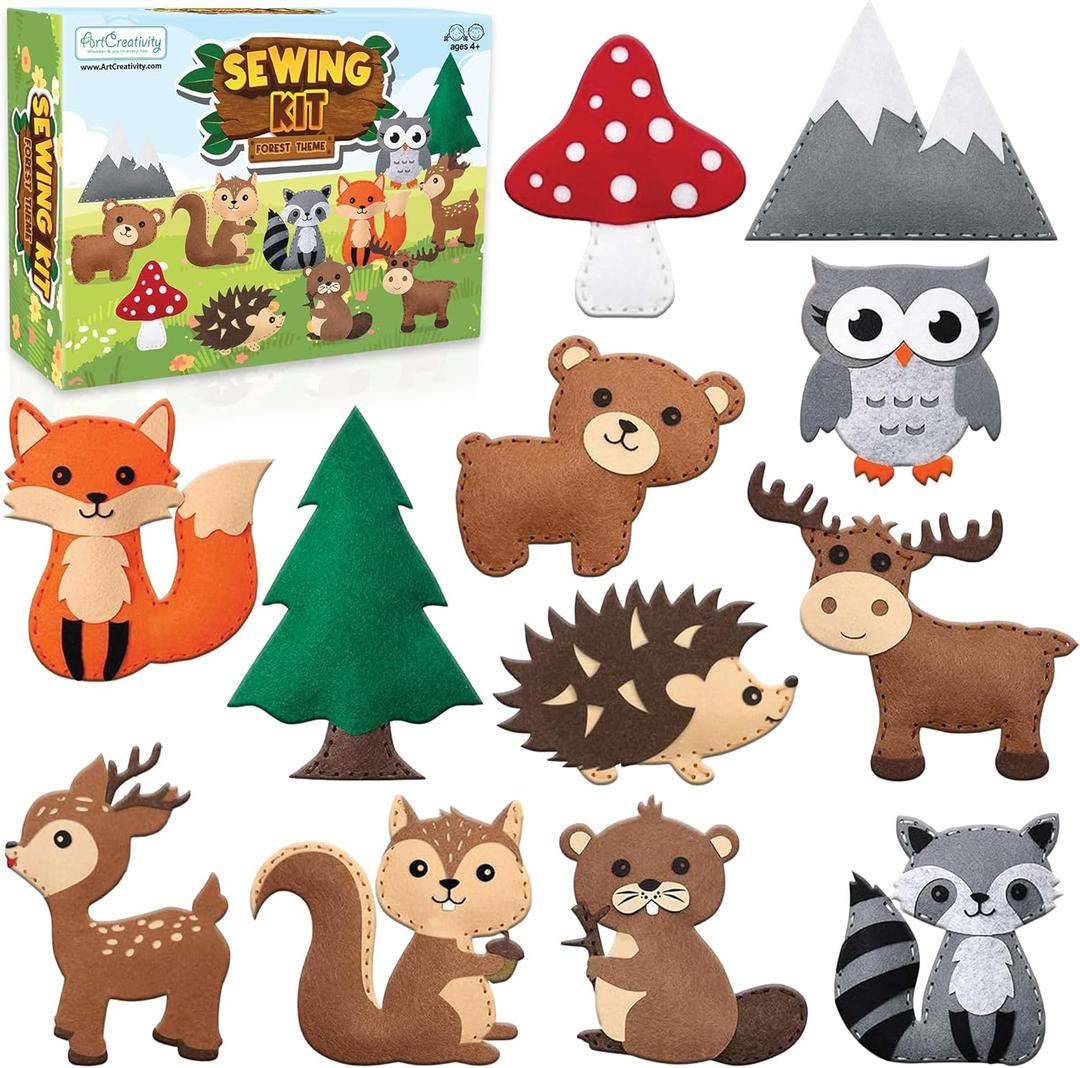 Kids Woodland Animal Felt Sewing Kit, Educational Kids/Girls Crafts, Stuffed Animal Craft Set with 12 Characters, Child-Friendly Needles, Threads, Stuffing & Scissors, Beginner Sewing Kit Ages 4-12