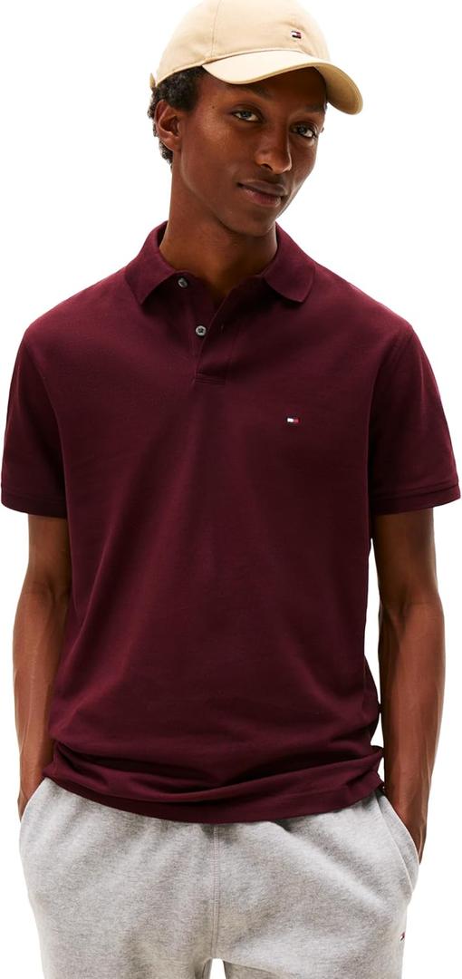 Tommy Hilfiger Mens Short Sleeve Polo Shirts in Classic Fit with Stretch and Organic Pique Cotton (XX-Large, Deep Burgundy)