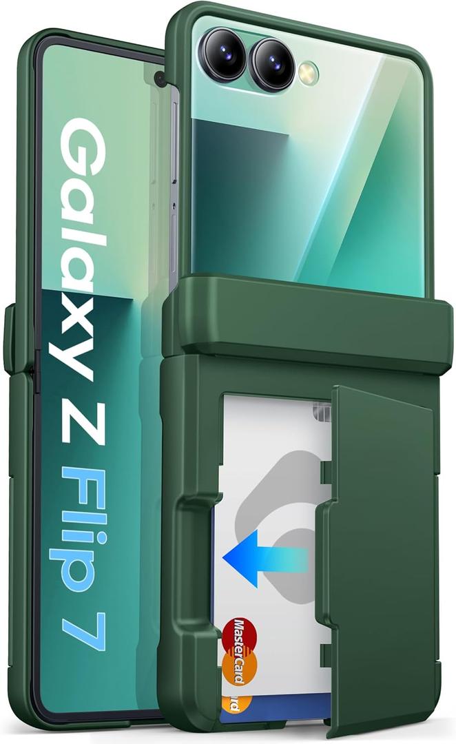 for Samsung Galaxy Z Flip 7 Case Wallet with Card Holder (3 Cards) & Hinge Protection & Outer Screen Protector, Shockproof Rugged Cover Phone Case for Samsung Galaxy Z Flip 7 5G 2025, Green