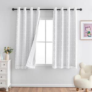 MYSKY HOME 100% Blackout Curtains for Bedroom White Blackout Curtains 54 Inches Long Thermal Insulated 2 Panels Short Curtains with White Pom Pom Sheer Room Darkening Grommet, 52 x 54 Inch