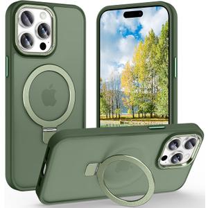 Magnetic for iPhone 15 Pro Case with Ring Stand, [10 FT Drop Protection] [Velvety Touch] Slim Translucent Matte Back Shockproof Phone Case for iPhone 15 Pro 6.1'', Midnight Green