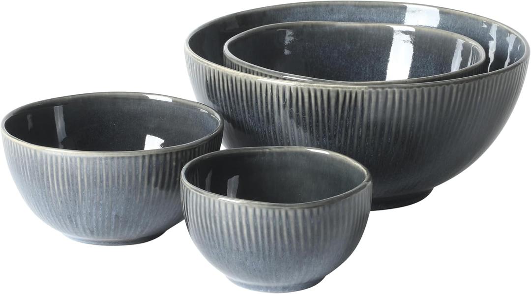 Gibson Elite Sandy Pines 4 Piece Nesting Bowl Set, 4, 5.5, 7 & 9 Round Stoneware Bowls, Reactive Glaze Finish, Blue, Mixing, Prep & Serving Bowls, Microwave & Dishwasher Safe