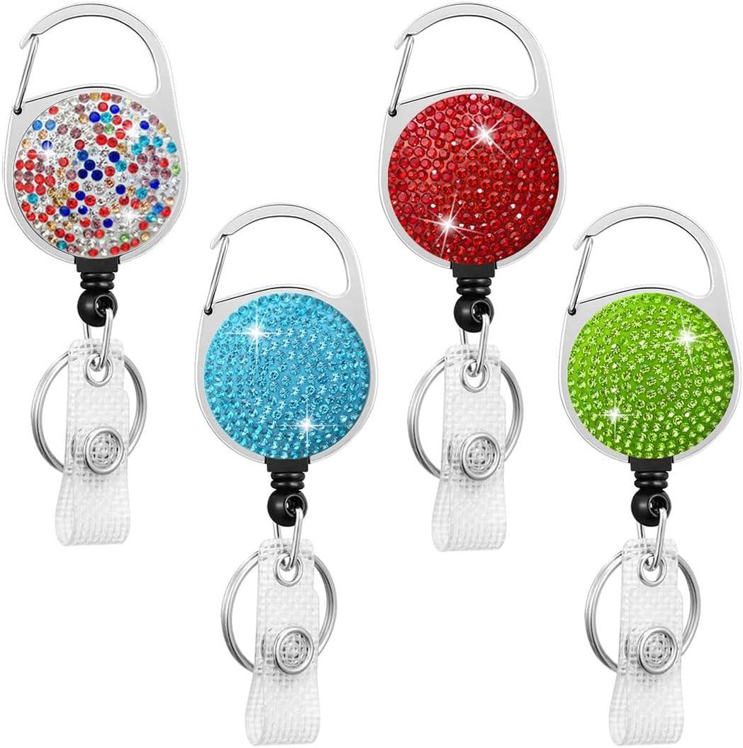 HASFINE 4 Pack Sparkly Rhinestone Badge Reel Retractable ID Badge Holder with Rotating Carabiner Belt Clip & Key Ring for Work Staff, Nurse, Student, Teacher(Colorful, Purple, Aqua Blue, Green)