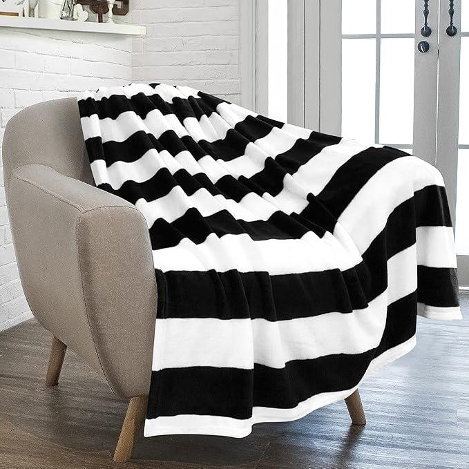 PAVILIA Striped Throw Blanket for Sofa Couch | Soft Flannel Fleece Stripe Black and White Decorative Throw | Warm Cozy Lightweight Microfiber | 50 x 60 Inches
